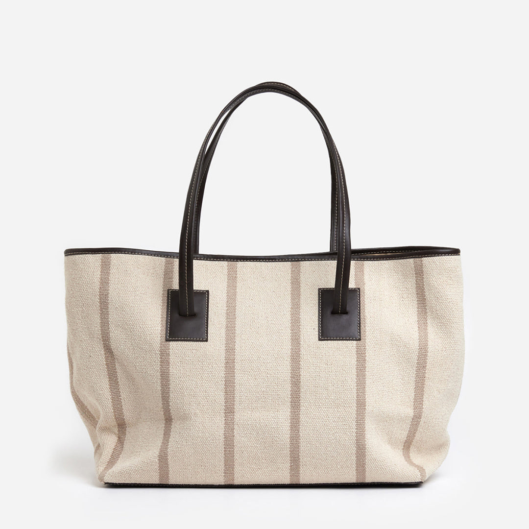 Lucy Tote Bag Canvas Striped Creme/Brown